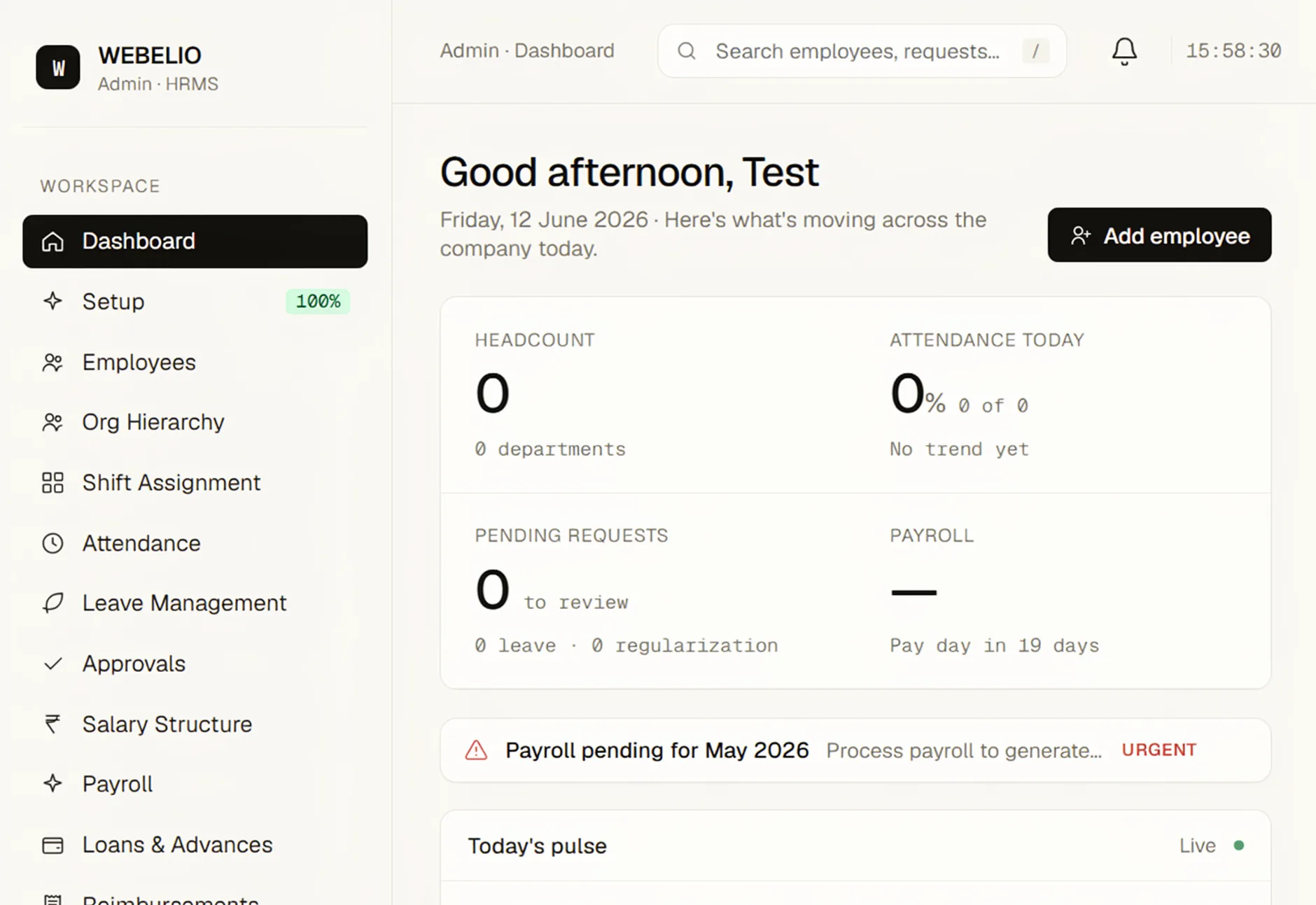 Webelio admin dashboard — attendance, payroll and pending requests